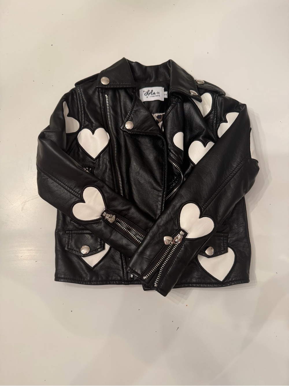 Lola + The Boys Black Moto Jacket with White Heart Accents